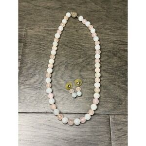 Vintage Rose Quartz Pale Blue Gemstone Necklace Silver Filagree Clasp